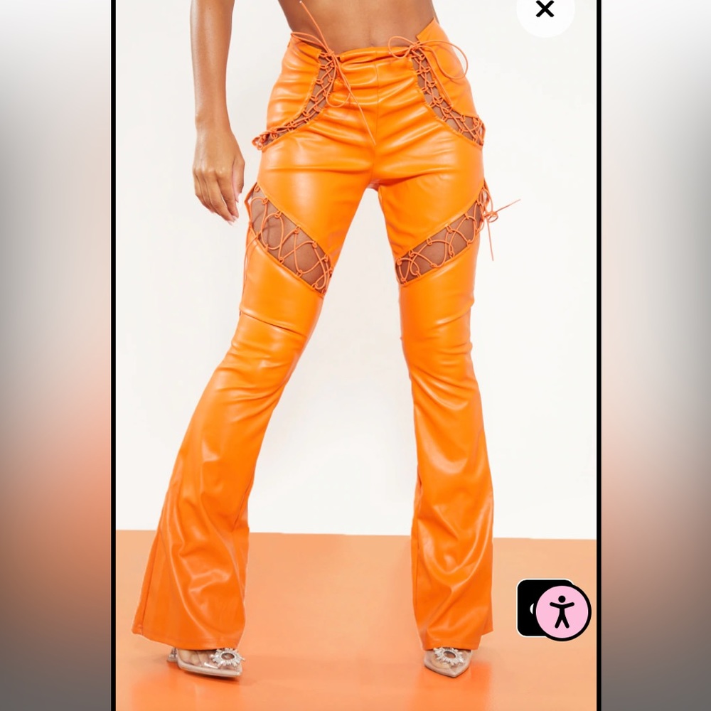 PLT Label Bright Orange Lace Up Faux Leather Cut Out Detail Flared Pants - US 6